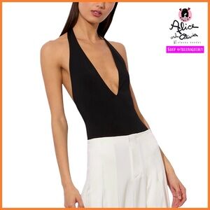 Alice + Olivia Pippa Open Back Bow Tie Black Bodysuit Top